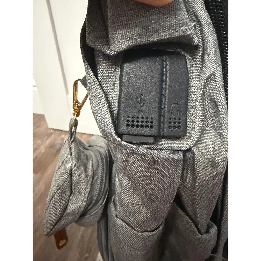 Good Mum Gray Backpack Diaper Bag Adjustable Strap changing station USB NWOT